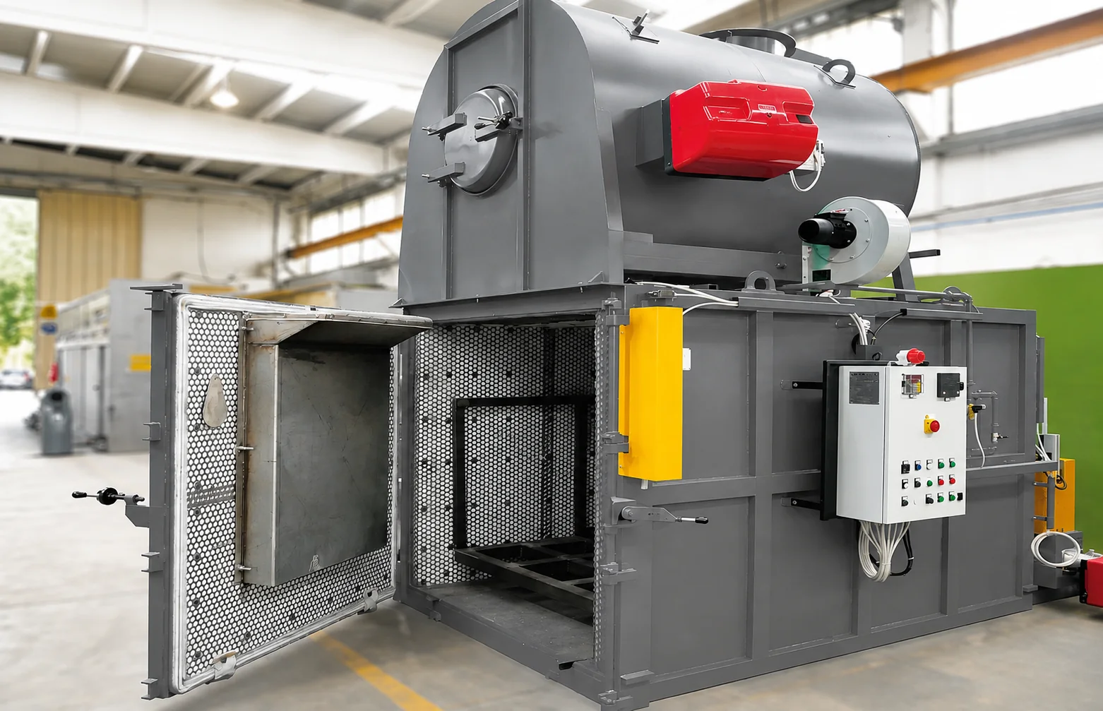Four industriel de décapage thermique ouvert avec chambre de traitement et armoire de commande