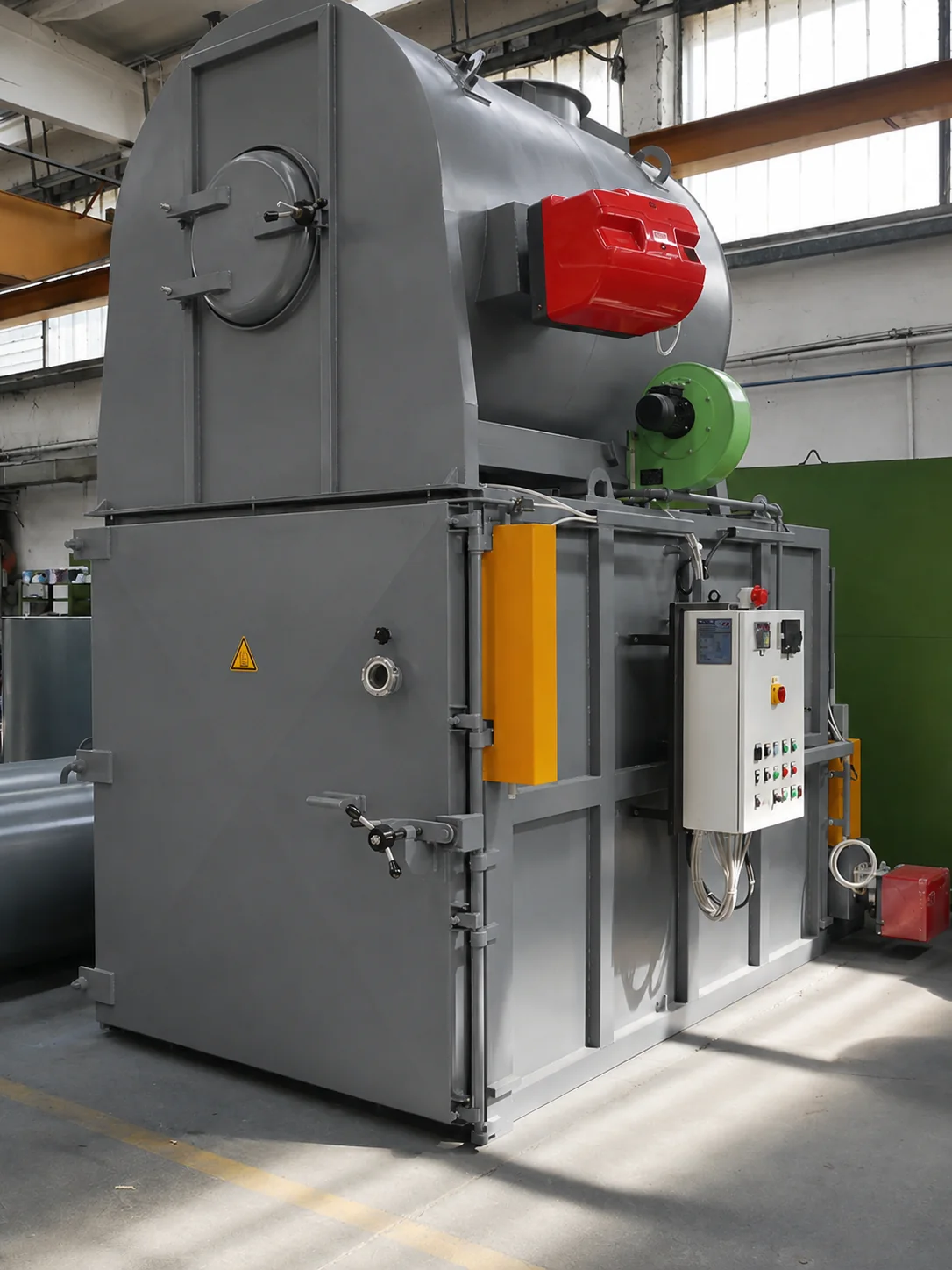Vue trois-quarts d'un four industriel de décapage thermique avec brûleur et armoire de commande