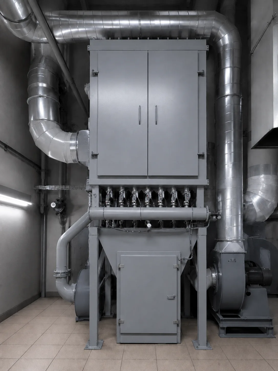 Illustration d’un filtre à manches industriel gris avec gaines, trémie et ventilateur d’extraction