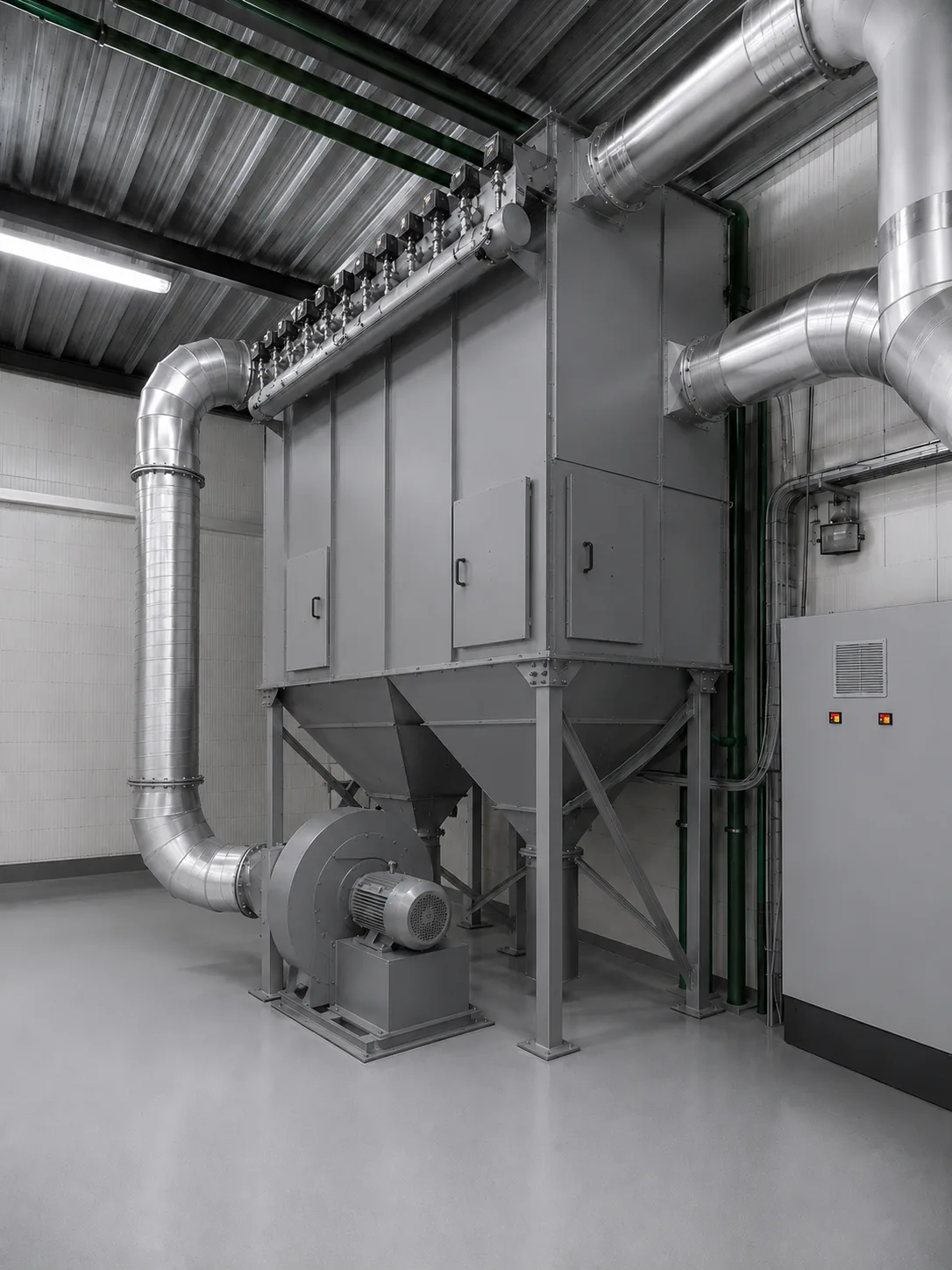 Illustration d’un système industriel de filtration à manches gris vu de trois quarts
