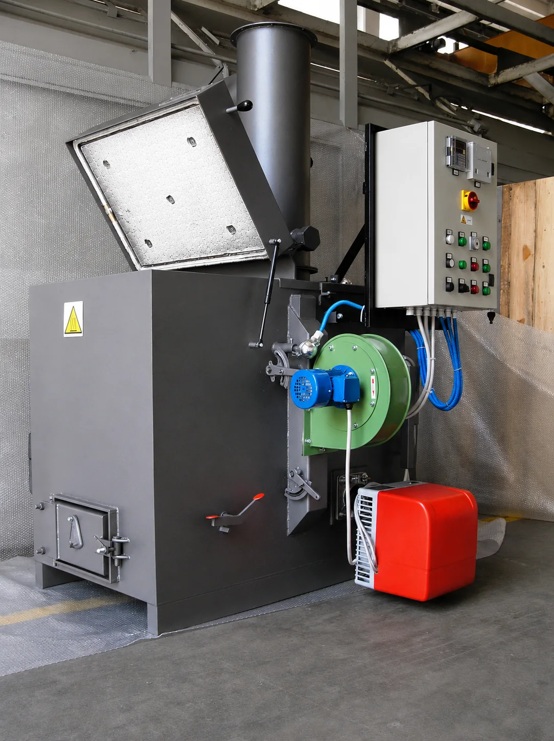 Unité compacte d’incinération industrielle avec brûleur, ventilateur et armoire de commande