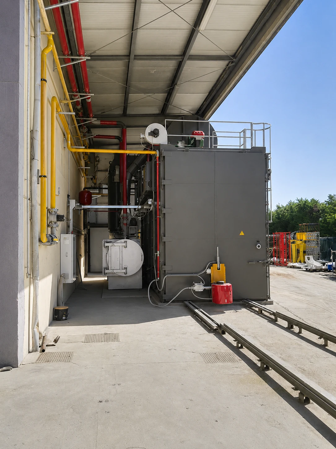Vue arrière d'un four industriel à chambre avec équipements de combustion, conduits et accès techniques
