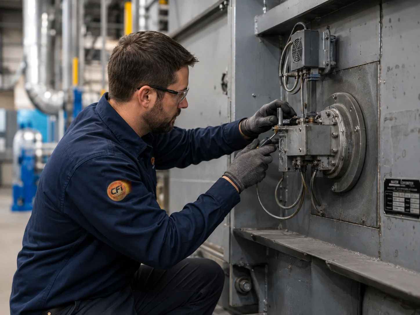 Illustration d'une intervention de maintenance mécanique sur un équipement thermique industriel